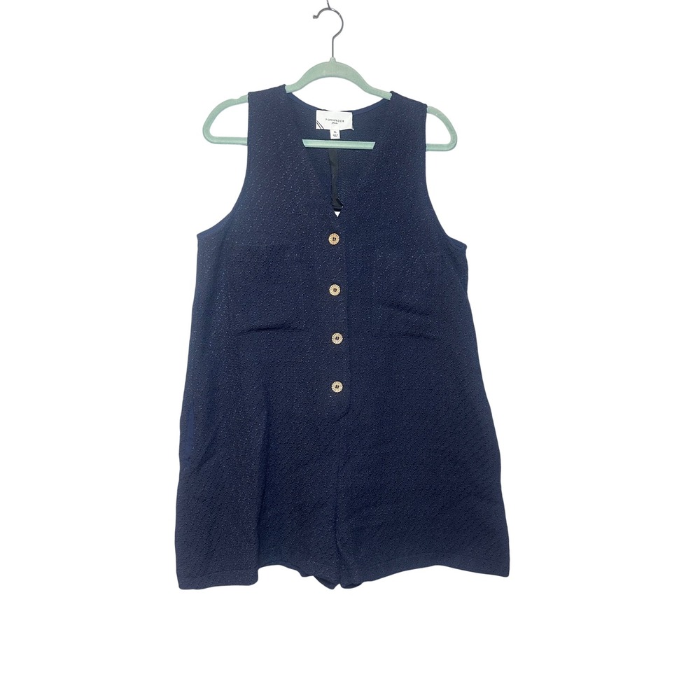 Pomander Place Myla Navy Blue Tweed Sleeveless Button Front Romper XL NEW